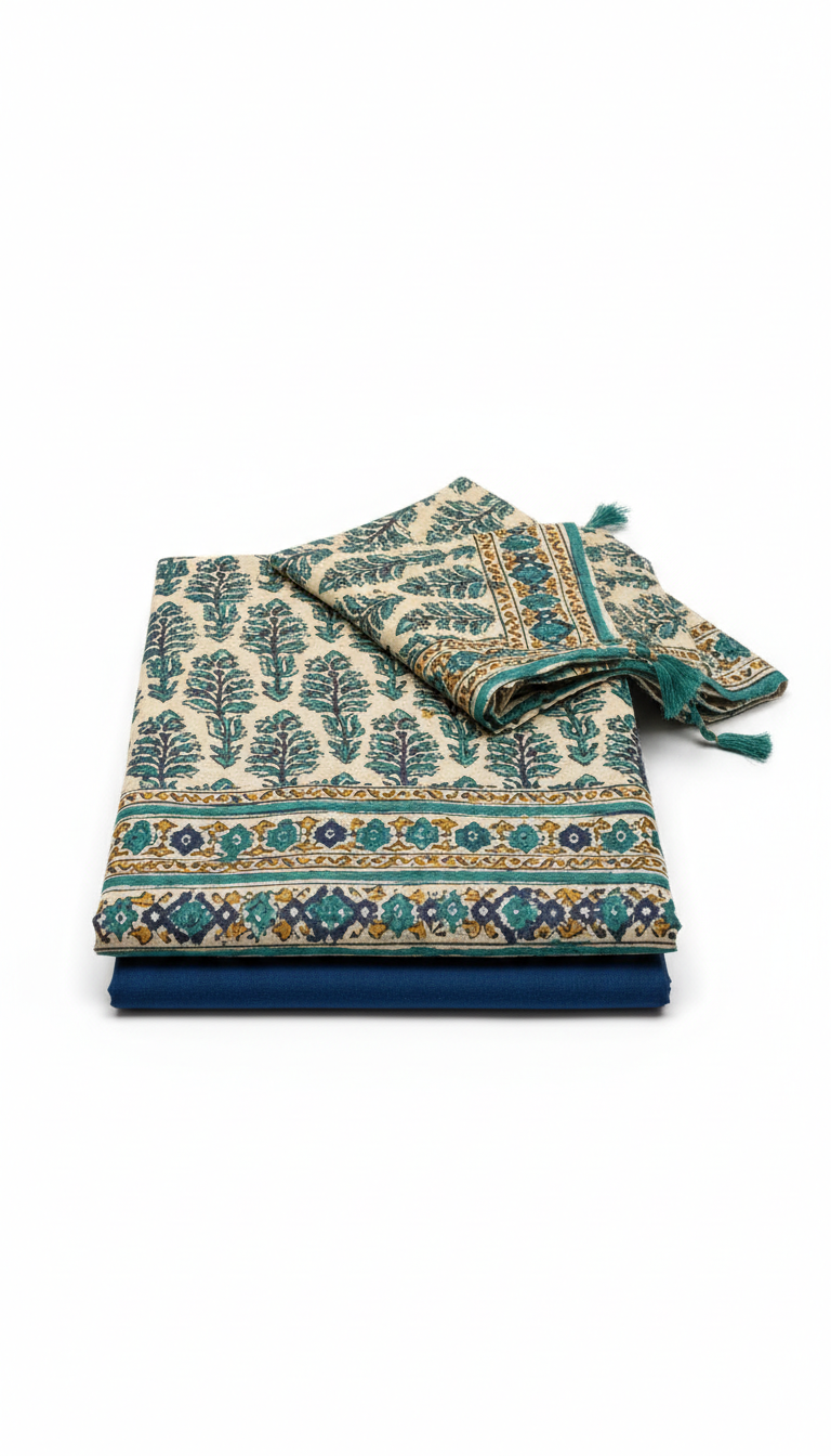 Teal-Accented Bagru Suit Set